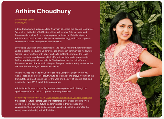 NSHSS Scholarship Winner: Adhira Choudhury