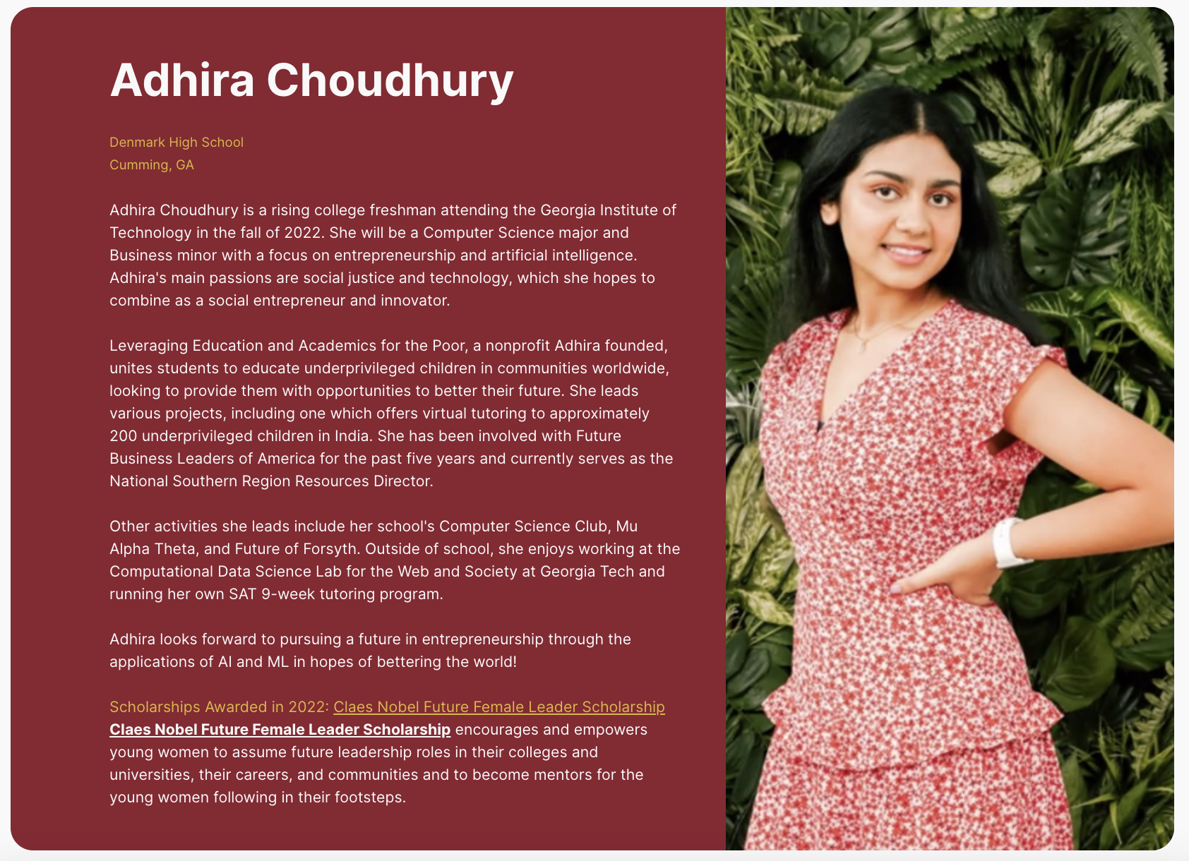 NSHSS Scholarship Winner: Adhira Choudhury